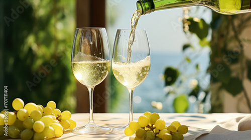 Pouring white wine into a glass with a scenic vineyard view on a sunny day