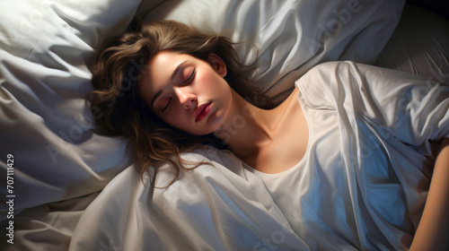 In a serene slumber, an appealing young woman lies comfortably in bed, hugging a soft white pillow