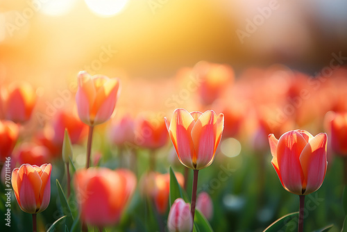 Lots of bright tulips in the field  spring background