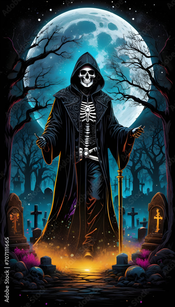 t-shirt design, black background, Centered art, 2D, vector, splashes of bright colors, intricate details, Skull necromancer character in black oil coat with wet hood with glitter appearance, full moon