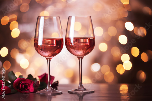 Valentine's day celebration with two glasses of wine and red rose petals with bokeh background. Romantic date. Close up.