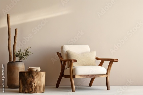 Fabric lounge chair and wood stump side table against beige stucco wall with copy space. Rustic minimalist home interior design of modern living room