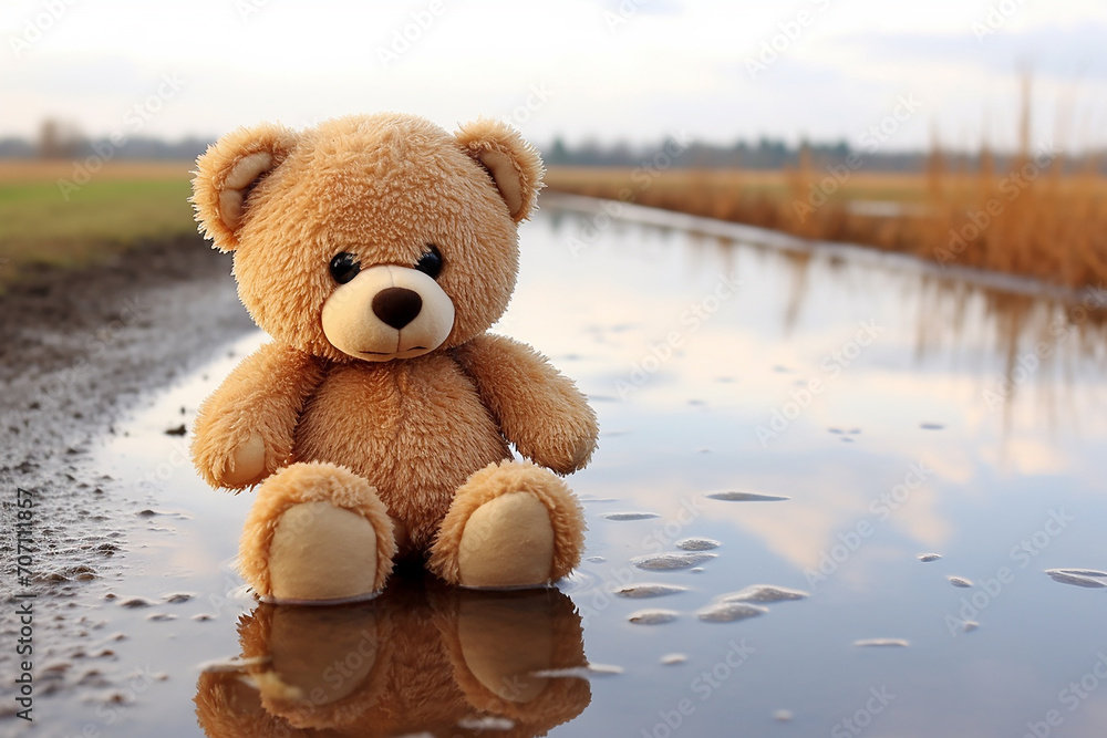 Teddy bear in nature, postcard with space for text Teddy bear in nature, postcard with space for text