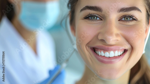At the dentist, a patient with a beautiful smile, straight and beautiful teeth, for examination, modern dentistry.