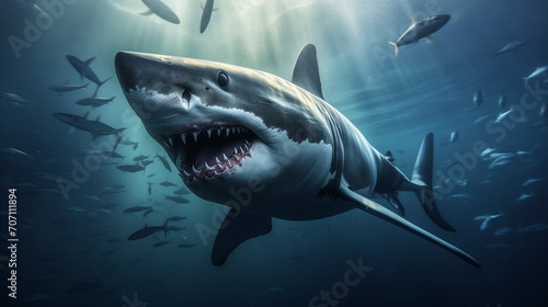 great shark in the sea  Great White Shark in blue ocean. Underwater photography. Predator hunting near water surface  underwater  Ai generated image