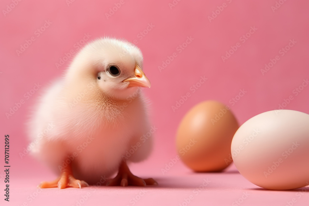 Pollito recién nacido con huevos sin eclosionar alrededor.