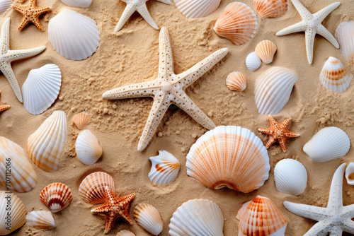 Fondo de verano con conchas y estrellas de mar sobre la arena.