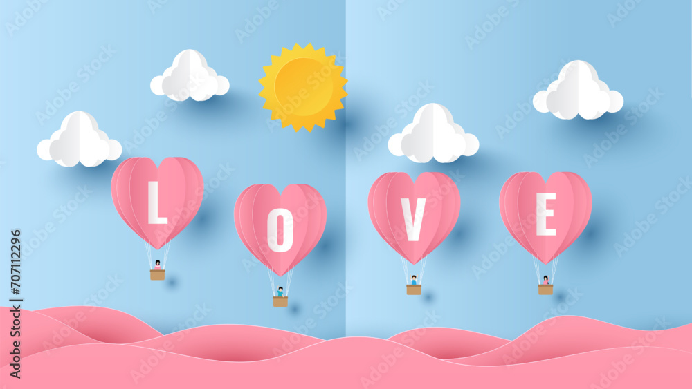 Valentines day background. Heart balloons with young people on flying over clouds with text love. Paper cut and craft style illustration