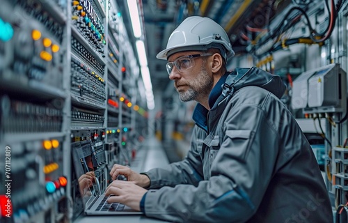 an engineer with a laptop A programmable logic controller controls a massive fully automated machine..