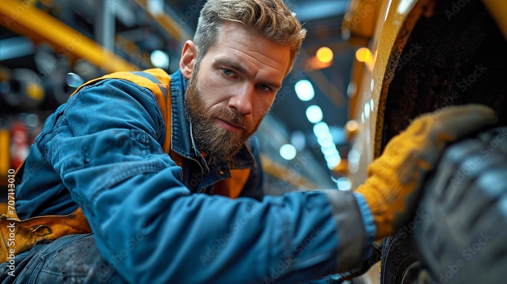 At an auto service centre, a bearded guy mechanic repairs an automobile wheel..