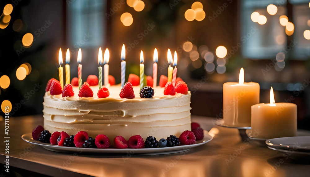 creamy birthday cake with berries and candles on the family kitchen table, people celebrate holidays together, creamy birthday cake with berries and candles on the family kitchen table, people celebrate holidays together,