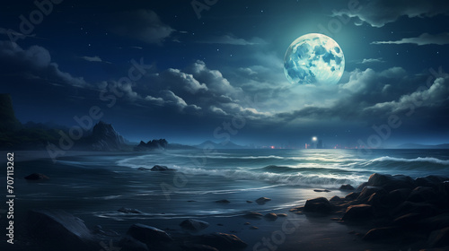 This large full blue moon rises brightly over the cloud bank in this calm ocean, moonlight over the sea , Ai generated image