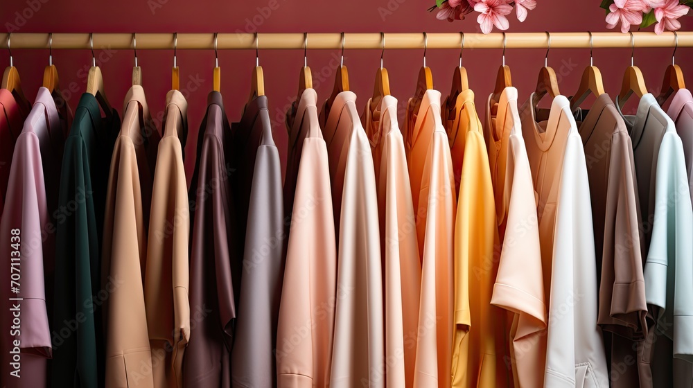 Summer closet, dresses and shirts on hangers. Creative concept of women's clothing showroom, designer dresses store. Fashionable women's closet wallpaper, Generative AI Summer closet, dresses and shirts on hangers. Creative concept of women's clothing showroom, designer dresses store. Fashionable women's closet wallpaper, Generative AI