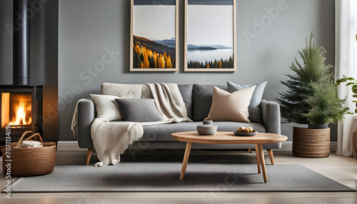 A pastel-colored sofa with a soft blanket near the fireplace. Scandinavian interior design of modern small living room in hygge style, cozy place to relax,