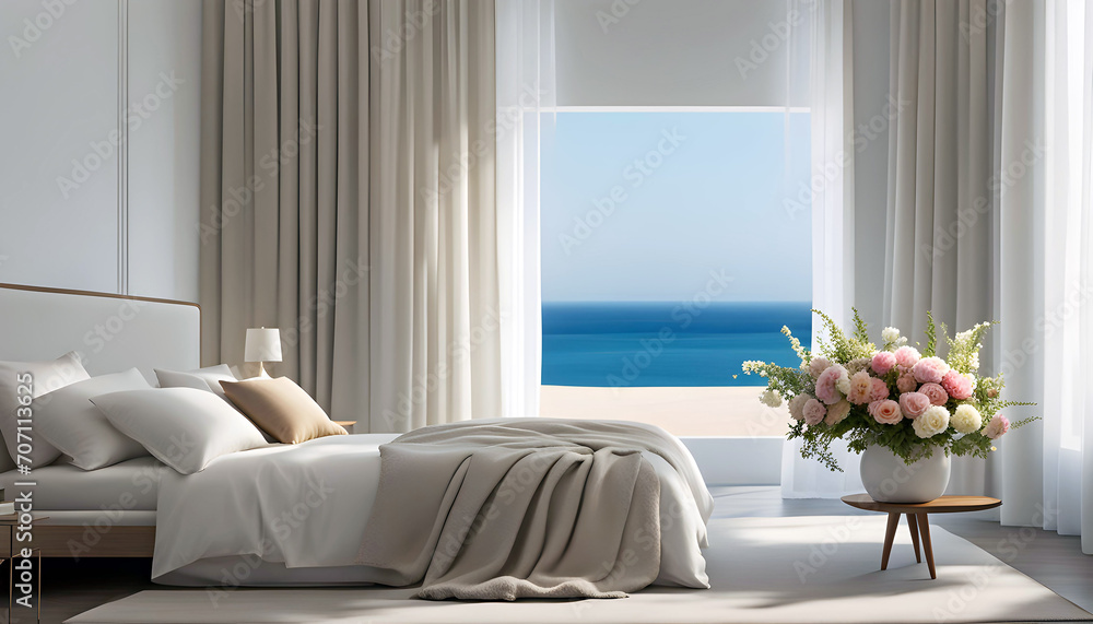 Naklejka premium Minimalistic interior of a modern bedroom with pillows, a blanket against the backdrop of a view from the window to the ocean and sea, the concept of relaxing on the ocean,