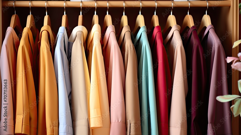 Summer closet, dresses and shirts on hangers. Creative concept of women's clothing showroom, designer dresses store. Fashionable women's closet wallpaper, Generative AI Summer closet, dresses and shirts on hangers. Creative concept of women's clothing showroom, designer dresses store. Fashionable women's closet wallpaper, Generative AI