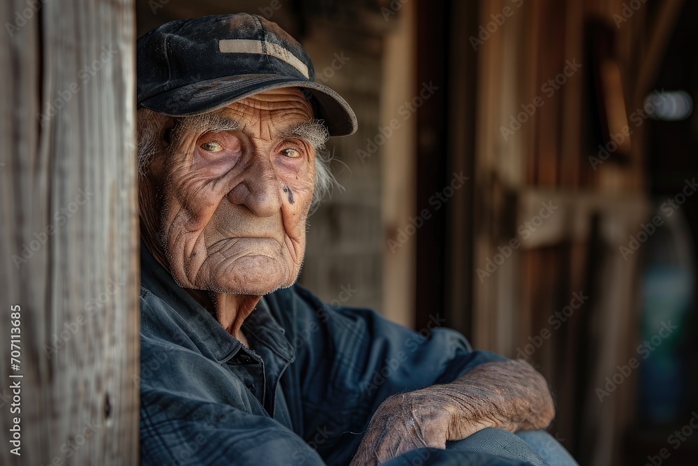 Amidst the bustling city street, a weathered man dons a worn hat atop his wrinkled face, exuding timeless fashion and a story of a life well-lived