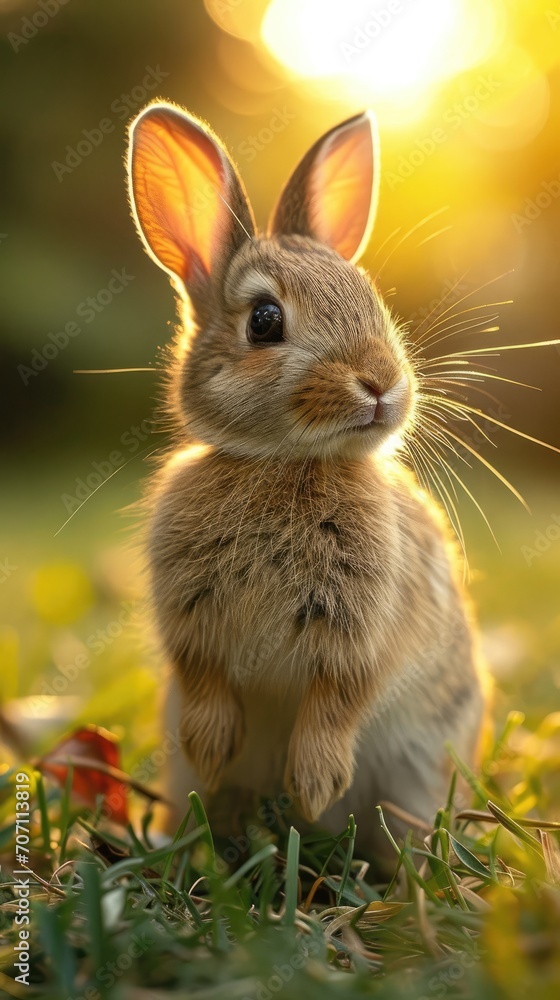 Fototapeta premium A wild hare nibbles on a vibrant flower in a sun-drenched field, showcasing the diverse beauty of nature's furry creatures