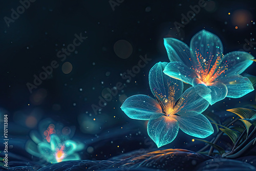 Isolated fantasy bioluminescent flower glowing in the dark