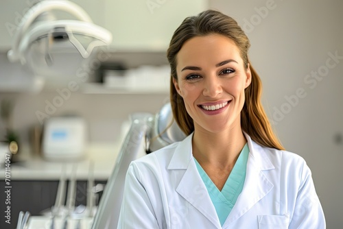 A confident female medical professional in a crisp white coat smiles warmly, surrounded by state-of-the-art laboratory equipment and scientific instruments, showcasing her expertise as a chemist and 