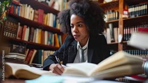 A determined woman in a sleek suit finds solace in writing as she stands surrounded by shelves of books in the quiet of a public library