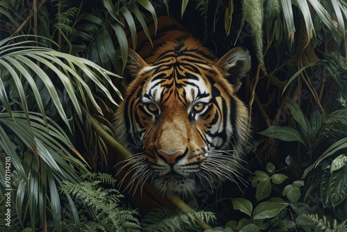 Amidst the lush greenery  a magnificent bengal tiger prowls through the jungle  its powerful presence a testament to the untamed beauty of the wild