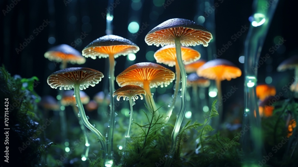 Fototapeta premium Strange plants giant mushrooms luminous picture Ai generated art