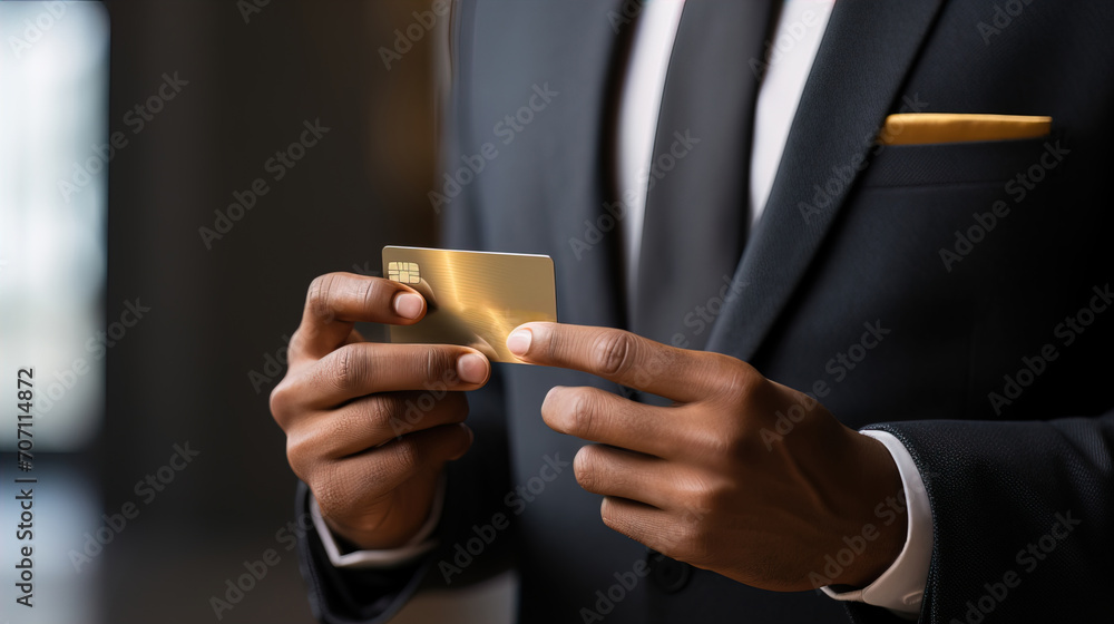 Hands show a bank credit card, a form of electronic and financial payment used by business professionals. Hands show a bank credit card, a form of electronic and financial payment used by business professionals.