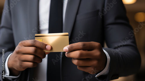 A businessman holds a credit card in his hands, using it for his e-commerce purchases. It signifies an electronic banking transaction and commercial consumer activity.