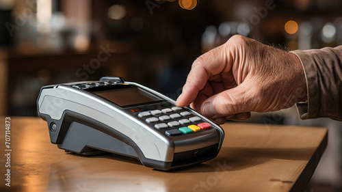 A person's hand types a tpv as a form of digital electronic payment. Modern shopping device in business
