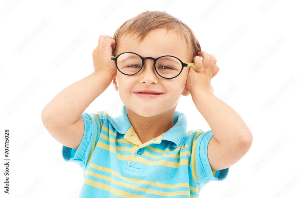 Child, boy and glasses in studio portrait, eyes and vision support by white background. Happy male person, kid and ophthalmology for eyecare or sight, spectacles and stylish fashion or cool frame