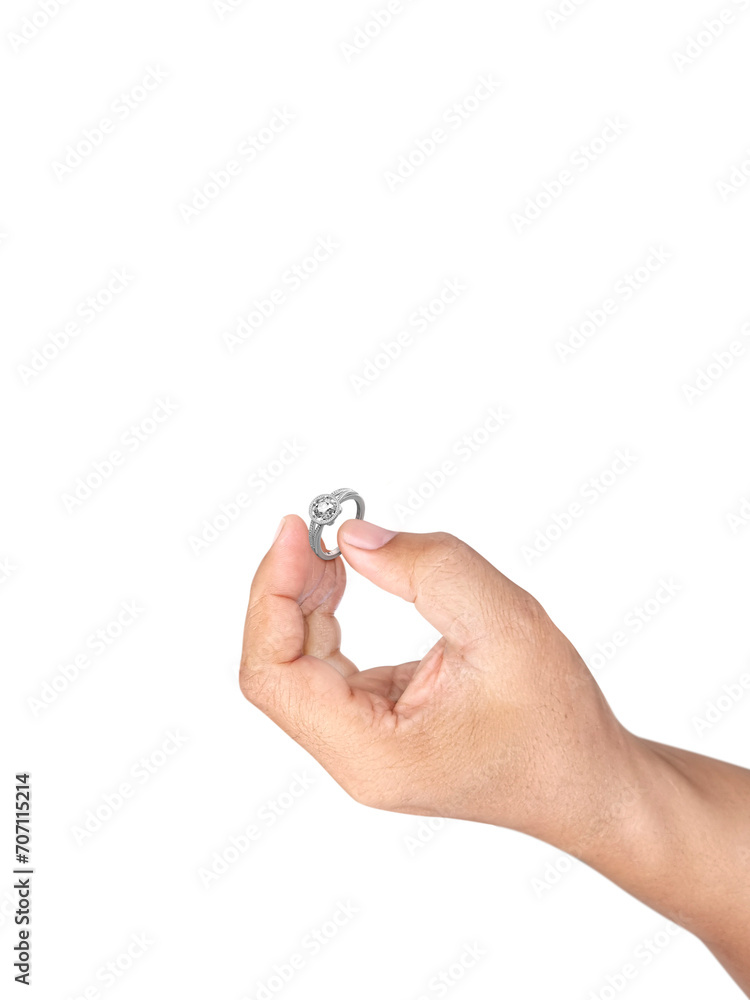 Hand holding diamond ring, transparent background