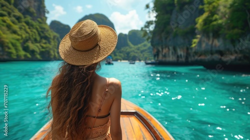 woman in a bikini and hat enjoys a boat ride on a beautiful summer day at the beach, surrounded by the sea, sand, and tropical nature.