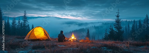 Camping trip in the highlands at night, under the stars. Male adventurer relaxes by a bonfire and his tent snuggled among the woodland.