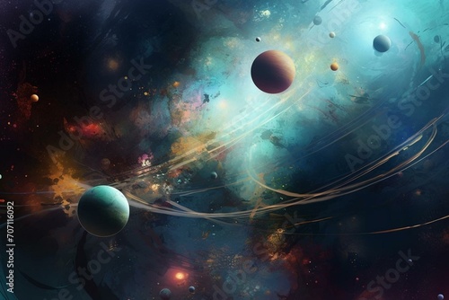 Digital painting of planets floating in space. Generative AI