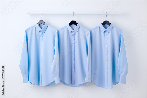 Men's shirts, blue theme, hung on the front wall.