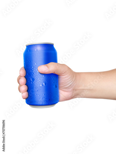 Man holding aluminum can with water droplets, transparent background