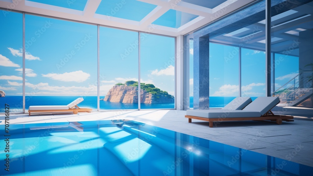 Summer beach sun loungers sunbathing deck private swimming pool Ai generated art