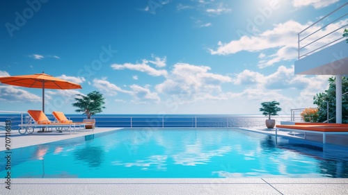 Summer beach lounger sun loungers sunbathing deck private swimming pool Ai generated art