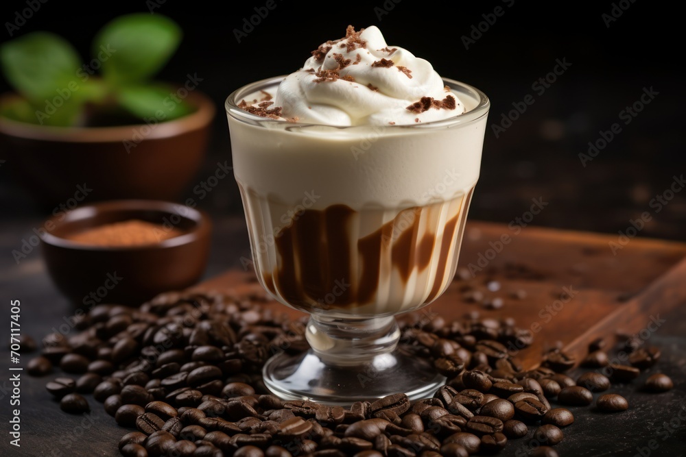 Coffee in the glass topped whipping cream with coffee beans Coffee in the glass topped whipping cream with coffee beans