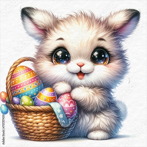 An Easter bunny smiles beside a basket of colorful eggs, Illustration for Easter Day, Watercolor style. © AyarosP