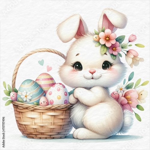An Easter bunny smiles beside a basket of colorful eggs, Illustration for Easter Day, Watercolor style.