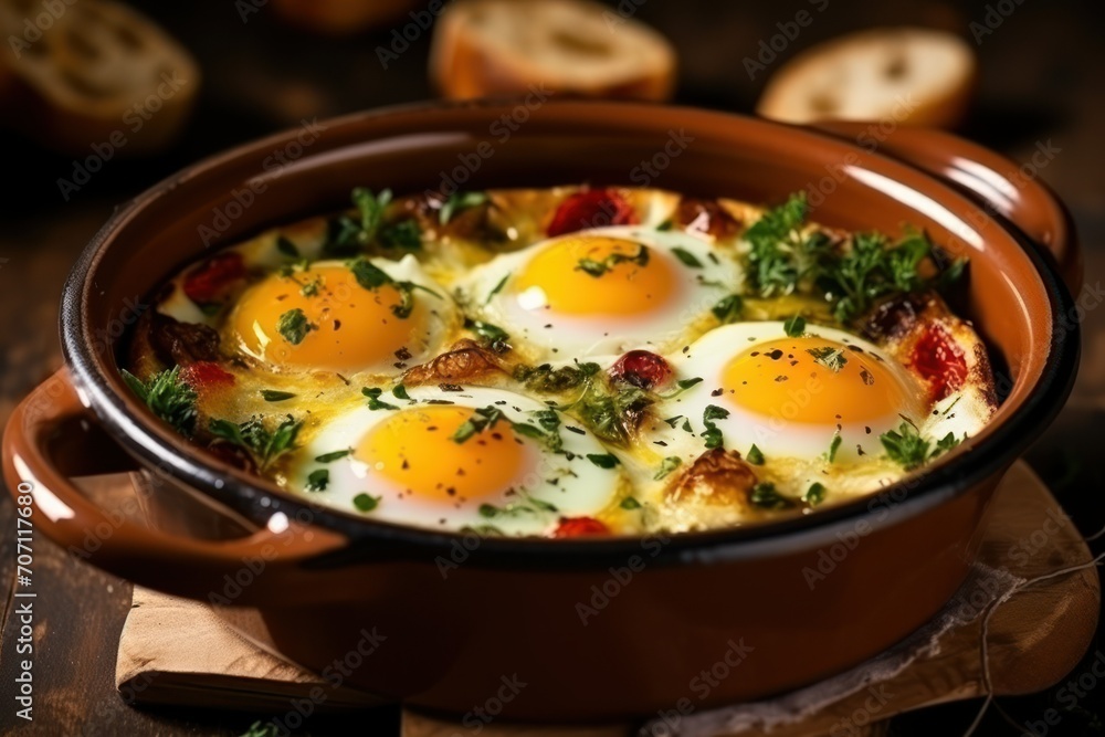 Delicious breakfast with quail eggs in a pan