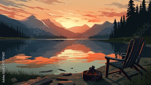 Sunset scene mountains with lake cabin wallpaper image Ai generated art © Manik007