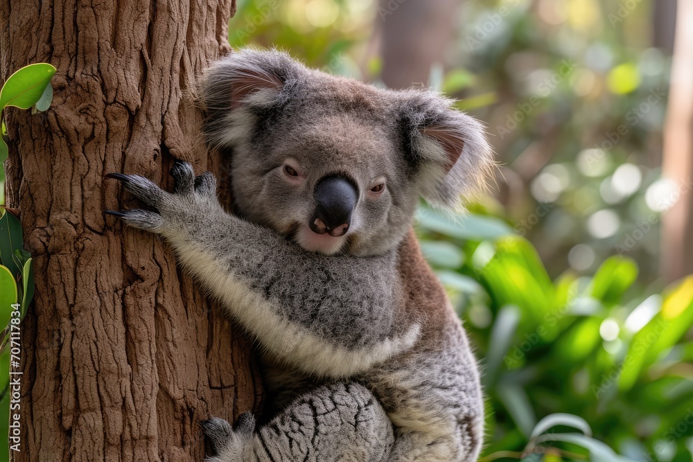 Obraz premium A marsupial marvel, the koala bear finds solace in the embrace of a towering tree, its snout nestled against the rough bark as it basks in the beauty of the great outdoors