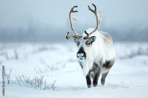 A majestic reindeer stands proudly in a wintry wonderland, its impressive antlers reaching towards the snowy sky, embodying the wild spirit of nature © AiAgency