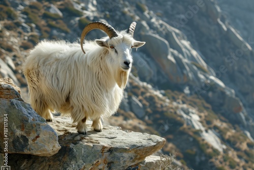 A majestic white goat with powerful horns stands proudly on a rocky hill  embodying the untamed spirit of the mountains and the resilience of terrestrial animals