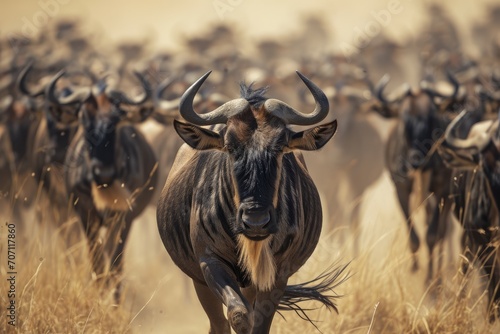 A majestic herd of wild wildebeest roam freely in a vast green field, their powerful horns and antlers glistening in the warm sunlight, embodying the untamed beauty of the animal kingdom