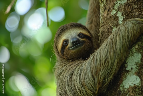 A sleepy sloth peers down from its leafy perch, a peaceful reminder of the tranquil life of a terrestrial mammal in the wild