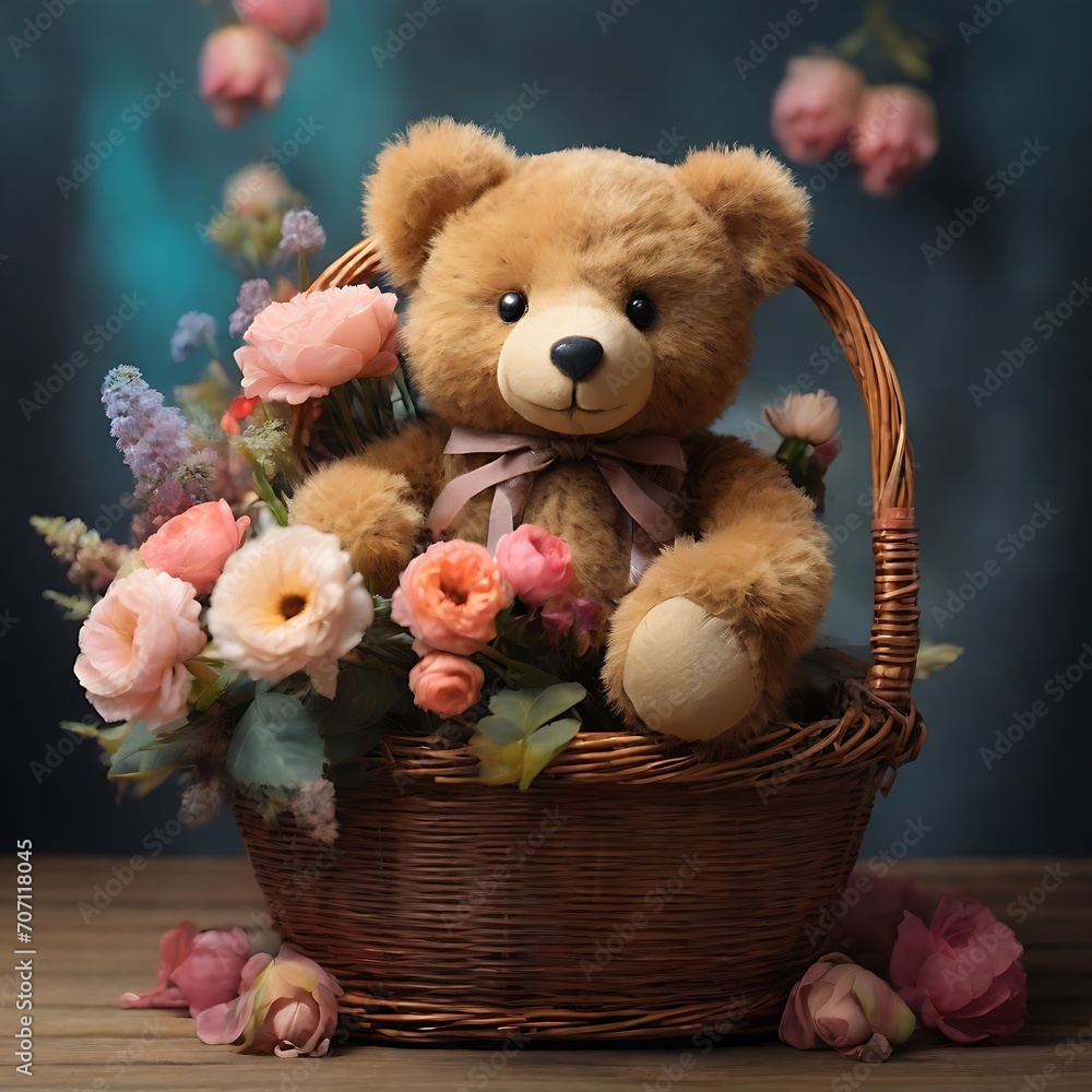 There is a teddy bear sitting in a basket with flowers There is a teddy bear sitting in a basket with flowers
